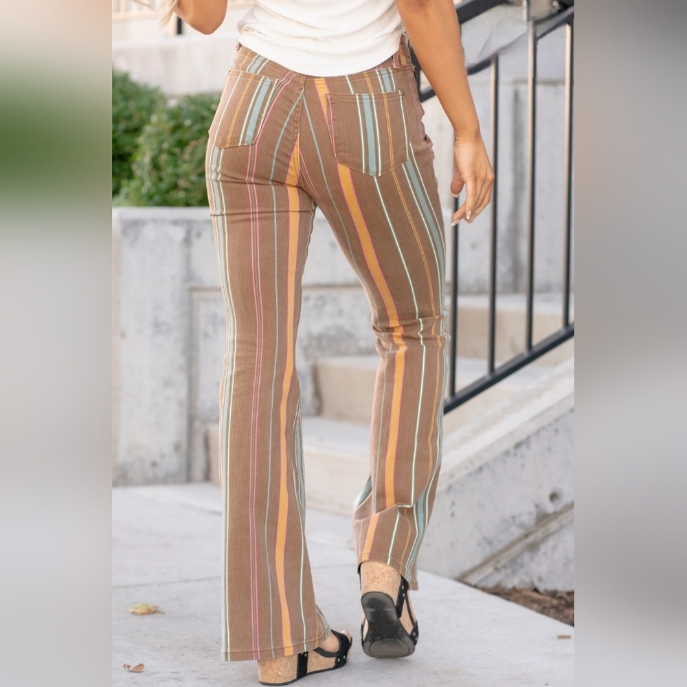 Judy Blue Mid Rise Classic Flare Jeans Retro Tan Blue Striped Stretch 1/25 - Picture 9 of 12